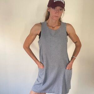 Monteau Dusty Blue and White Pinstripe Mini Dress with Pockets